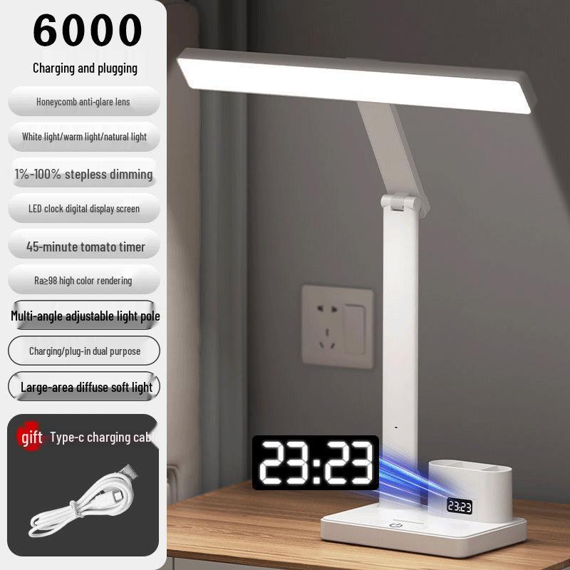 AA-Klasse Augenschutz Schreibtischlampe mit Uhr für Studentenstudium und Lesen
