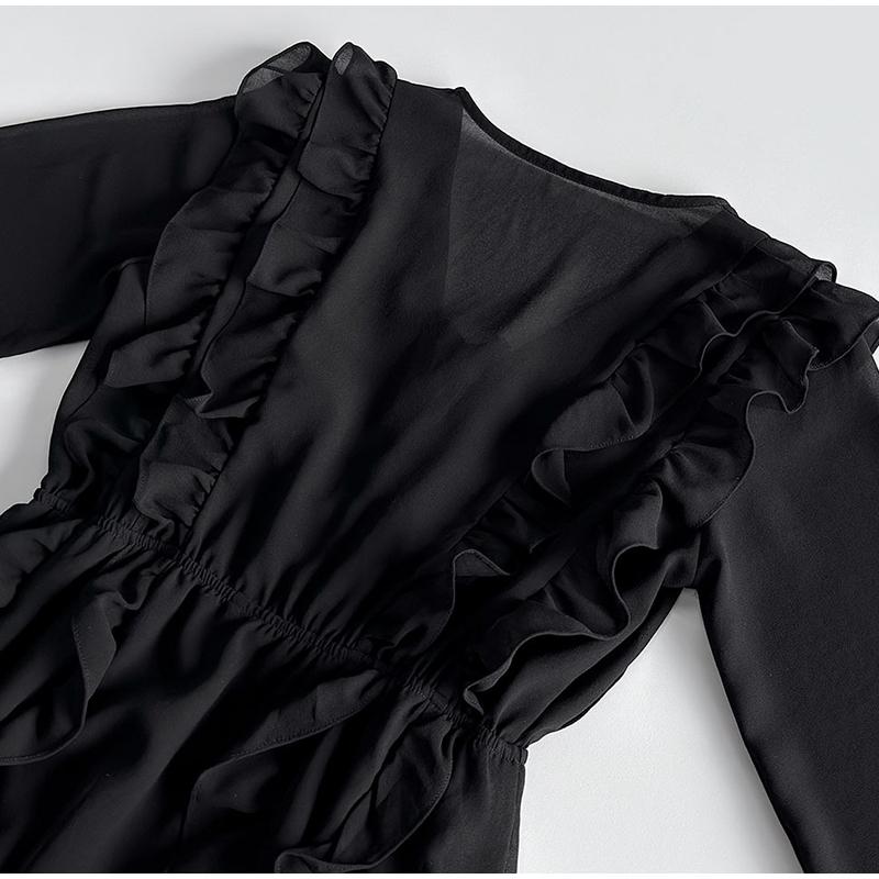 Elegant Ruffles Mini Dress Women V Neck Hollow Out Lace Up Long Sleeves Lace Dresses  Solid Color High Waist Dress
