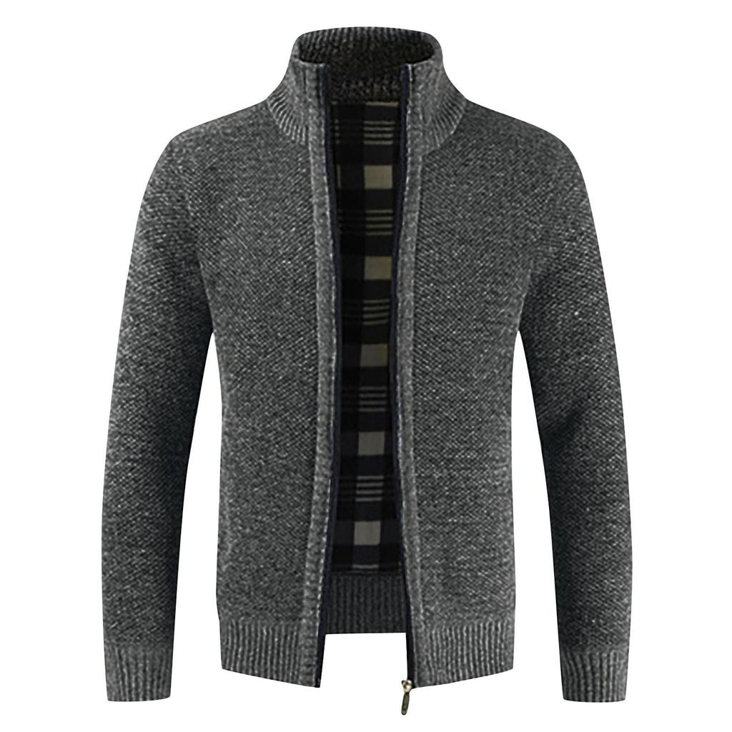 Men's Autumn and Winter Cardigan Zipper Sweater Fleece Stand-up Jacket Men's Loose Knitted Sweater Jacket Top