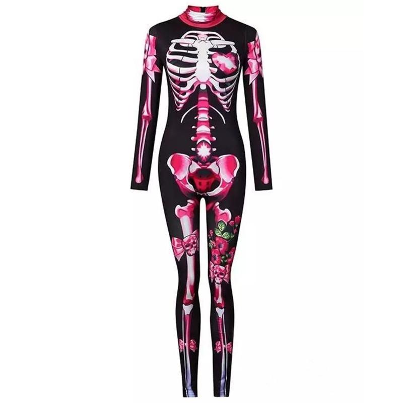 Women Halloween Party Costume Turtleneck Skull Print Long Sleeve Jumpsuit Outfit Scary Skeleton Bodysuit for Adults