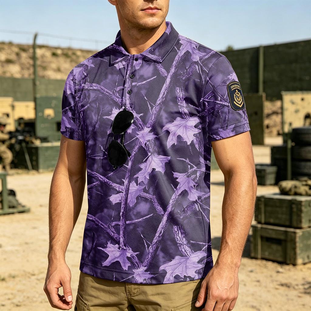 Men's Tactical Short Sleeve Polo Shirt Loose Fit Breathable Outdoor Quick Dry Camouflage Print with Magic Tape Patch Area