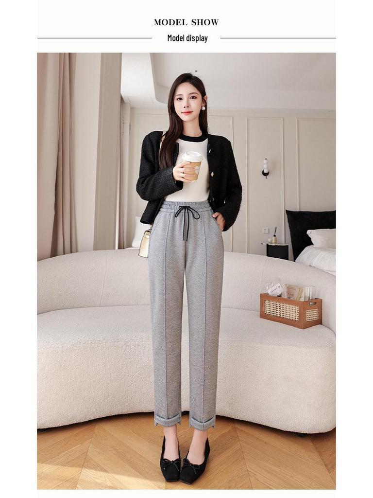 Women's High Waist Fleece Lined Woolen Warm Carrot Pants