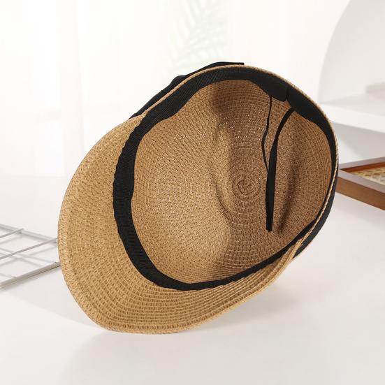 Chapeau de paille Large Ruban Noir Nœud Dôme Visière Plate Casquette de Baseball Léger Respirant Chapeau Protection Solaire