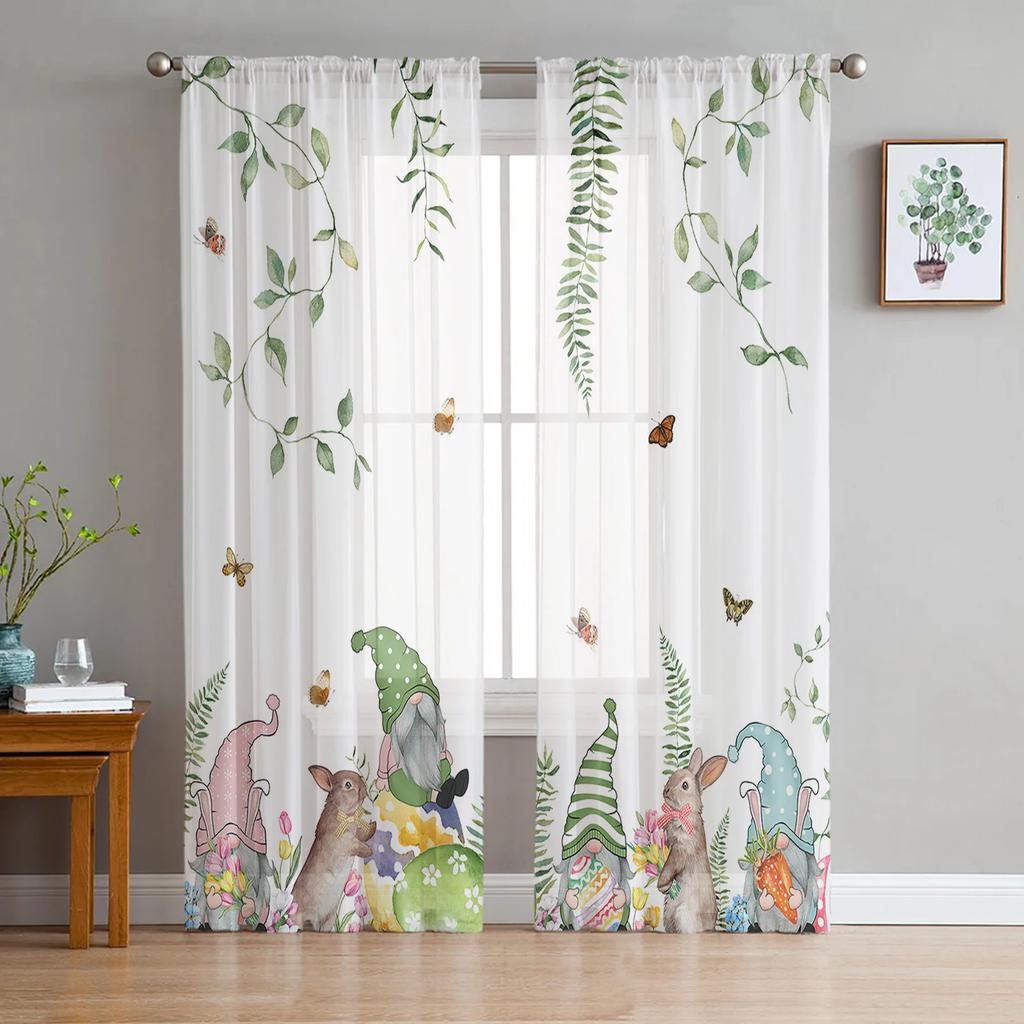 Happy Easter Curtains Bedroom Living Room Festival Decor Flower Bicycle Cartoon Rabbit Tulle Curtain Window Drapes Light Filtering Polyester Ideal For