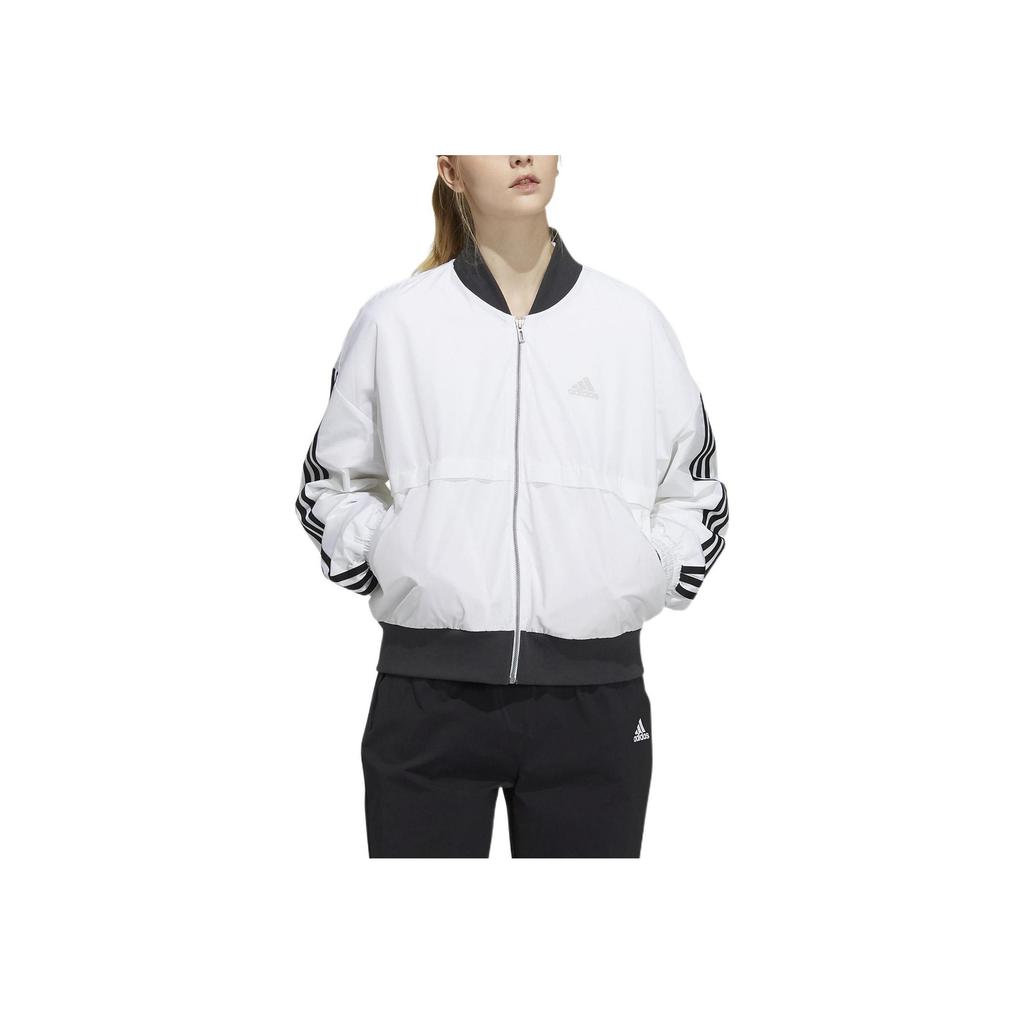 adidas Striped Colorblock Logo Print Zip-Up Long Sleeve Jacket Daily Sports Casual Outerwear Women White H09760