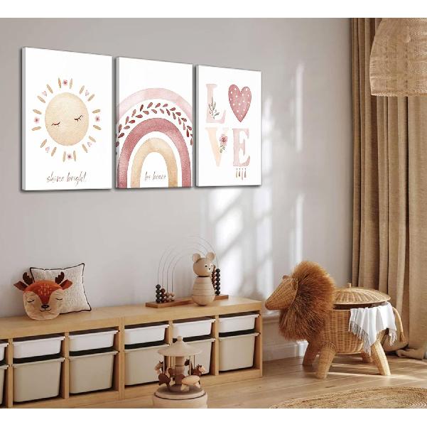 3 Pcs Nursery Canvas Wall Art Pink Sun Rainbow Hearts Posters Prints Boho Kids Room Pictures Wall Decor for Toddlers Children Baby Girl Bedroom Home
