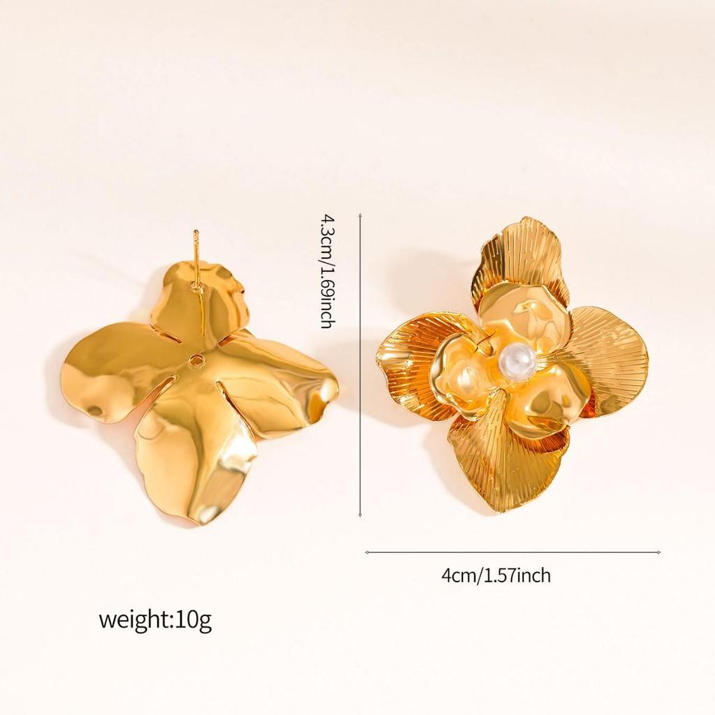 Exaggerated Floral Alloy & Resin Pearl Stud Hoop Earrings