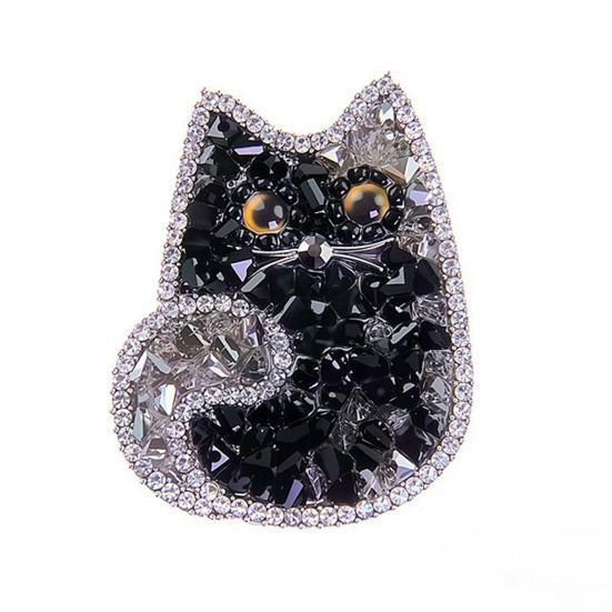 Women Brooch Sparkling Faux Crystal Decor Two-color Black Cat Design Lapel Pin Sweater Scarf Holder Jewelry Accessories A