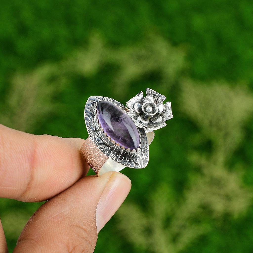 Natural African Amethyst Stackable Flower Ring Size 8.25 925 Silver For Women
