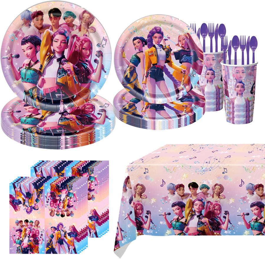 KPOP Demon Hunters Celebration Favors Tableware Collection Birth Date Celebration Balloons Board Banner Decor Girls Infant Shower Xmas Supplies