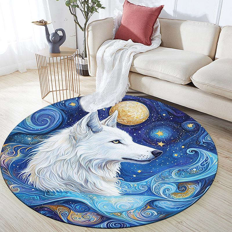 White Wolf Round Area Rug,Carpet Rug for Living Room Bedroom Sofa Playroom Decor,Non-slip Floor Mat