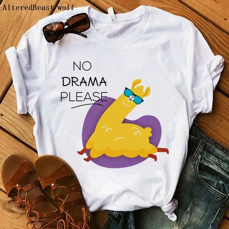 NO DRAMA LLama TShirts Women Funny Printed Llama T Shirt Femme Women Cartoon Short Sleeve White Tops Christmas Tshirt Clothes