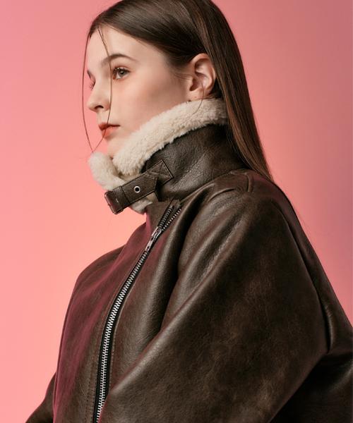 Koleat Women Cracked Tumble Oversized Shearling Fleece Jacket Brown [Rider Ver.]