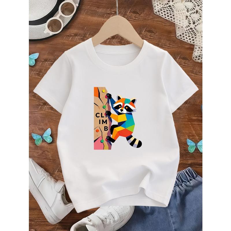 Kids Summer Crewneck Tee, Colorful Climbing Cat Art Print 110 белый