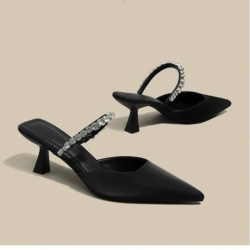 Rhinestone Heels Slingback High Heels Women Black Pumps  Woman's Elegant Modern Heeled Sandals Pointed Party Stilettos
