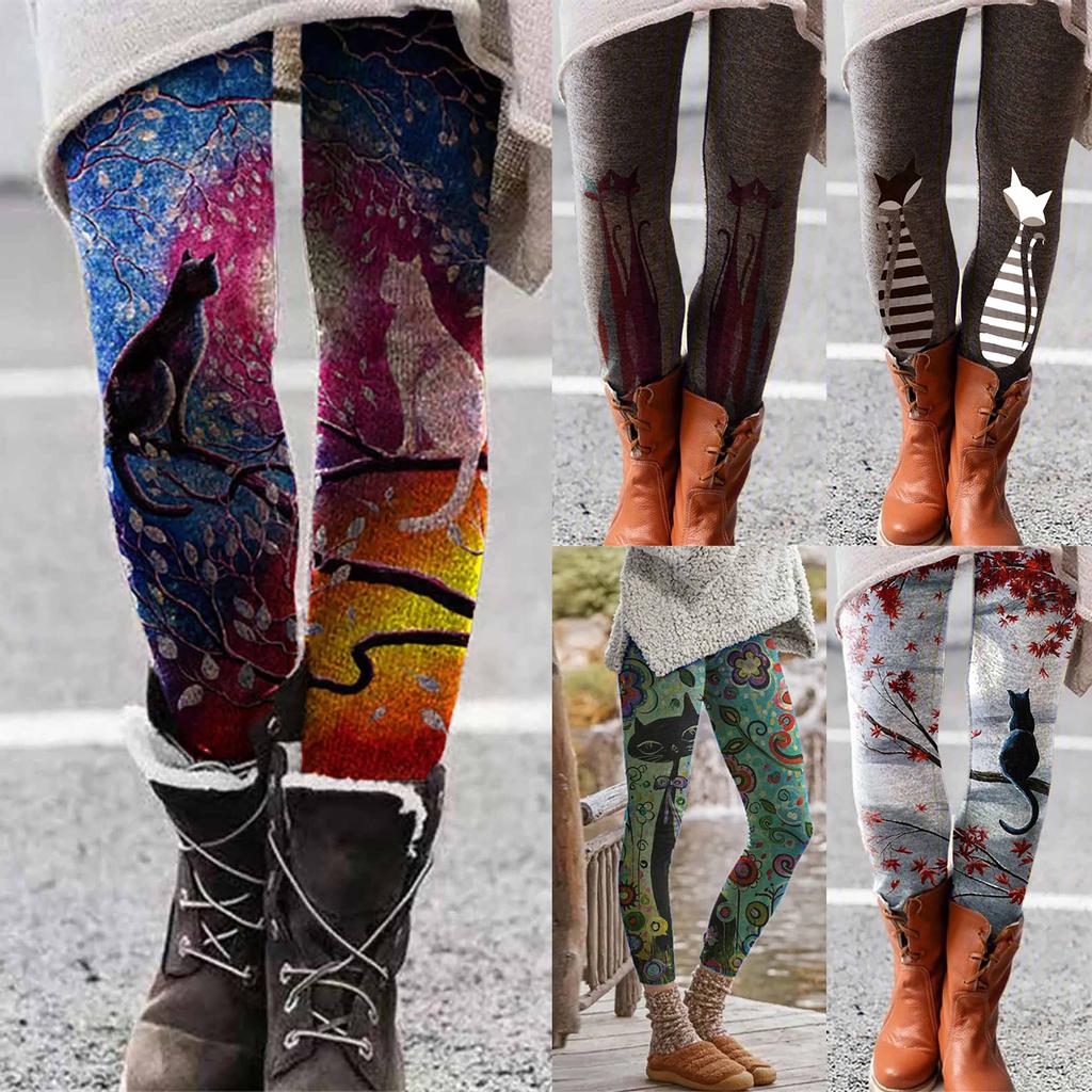 Women Cat Printed Elastic All-match Slim Casual Long Boot Pants Leggings