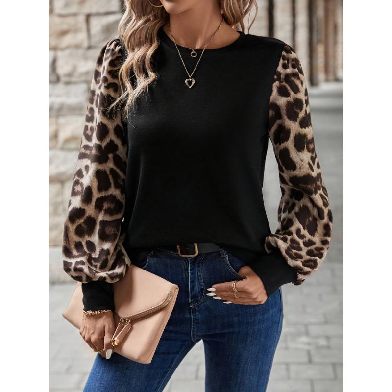 Women S Long Sleeve Crew Neck Leopard Print Loose Fit T Shirt