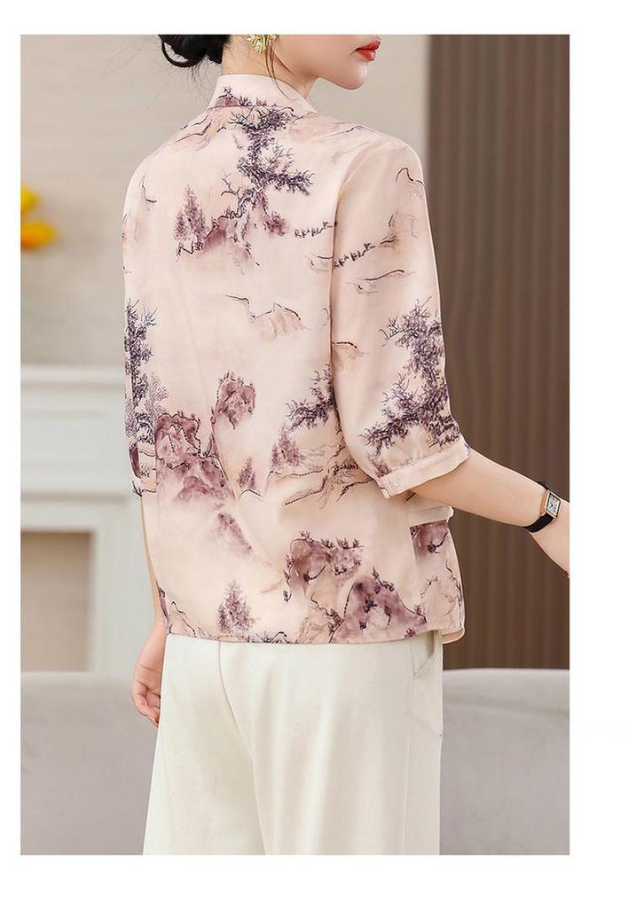 2026 Summer Seven-Sleeve Printed Imitation Silk Lapel Shirt for Women