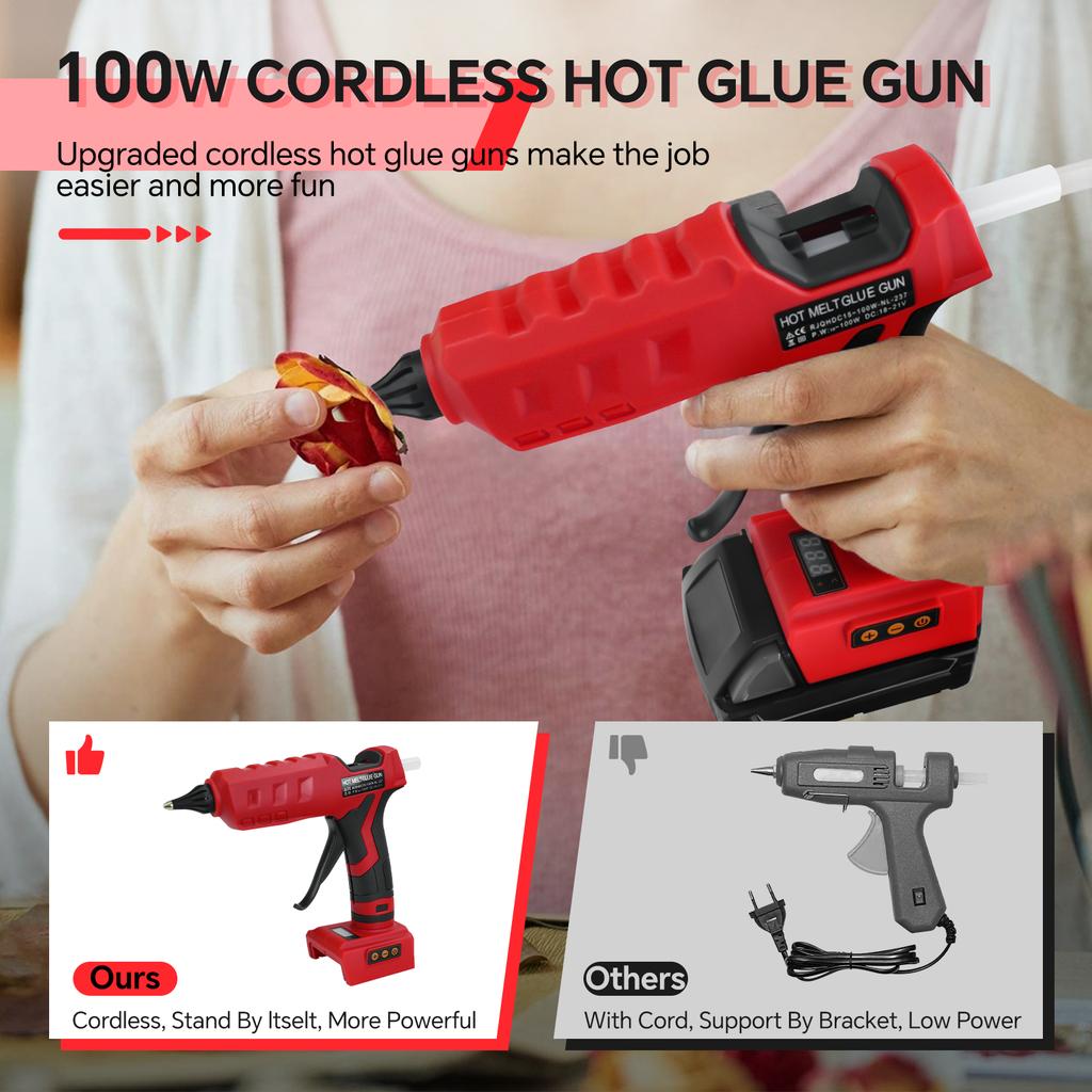 100W Cordless Hot Glue Gun High Temp Electric Power Glue Gun with 10Pcs 11mm Glue Sticks for Milwaukee 18V Battery (No Battery)