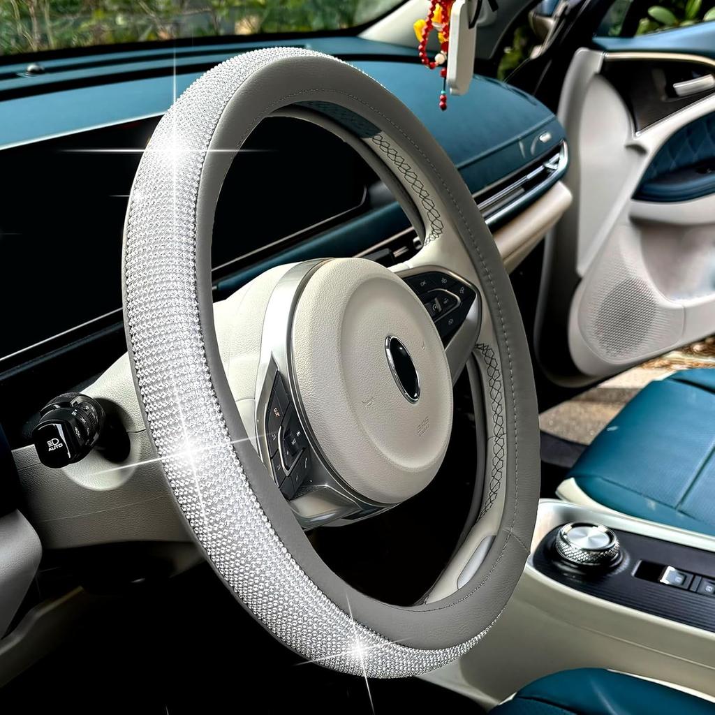 Full Sparkly Rhinestone Car Steering Wheel Cover Universal Leather Steering Wheel Cover Auto Car Styling Interior Decor Accessories (Gray