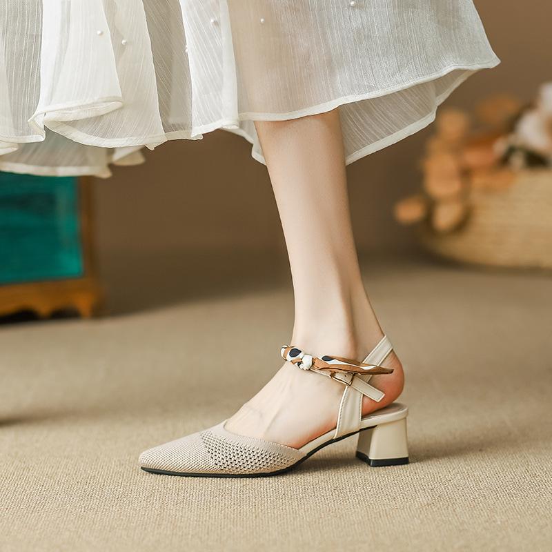 

Босоножки Baotou женские летние на толстом каблуке элегантные с лентами с острым носком с отверстиями дышащие туфли из летучего трикотажа вязаные ремешки на щиколотке на высоком каблуке 34