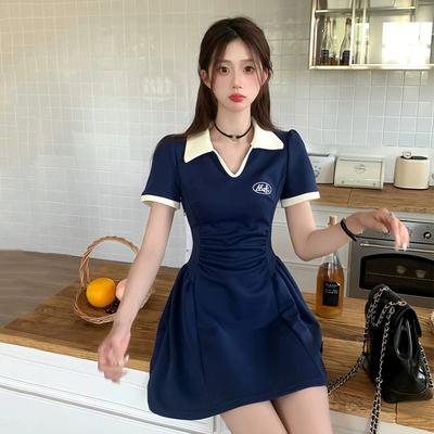 Summer Women Sweet Comfortable Ruched Dress Lady Korean Vintage A-line Dress Female Cutecore Korean Collared Designer Dress