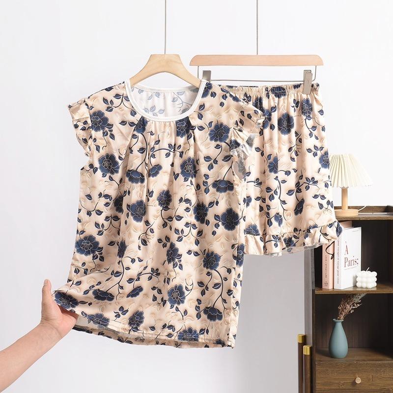 Women's Summer New Sweet Fly Side Cotton Short-sleeved Shorts Suit Large Size Loose Leisure Rayon Home Wear Pajamas