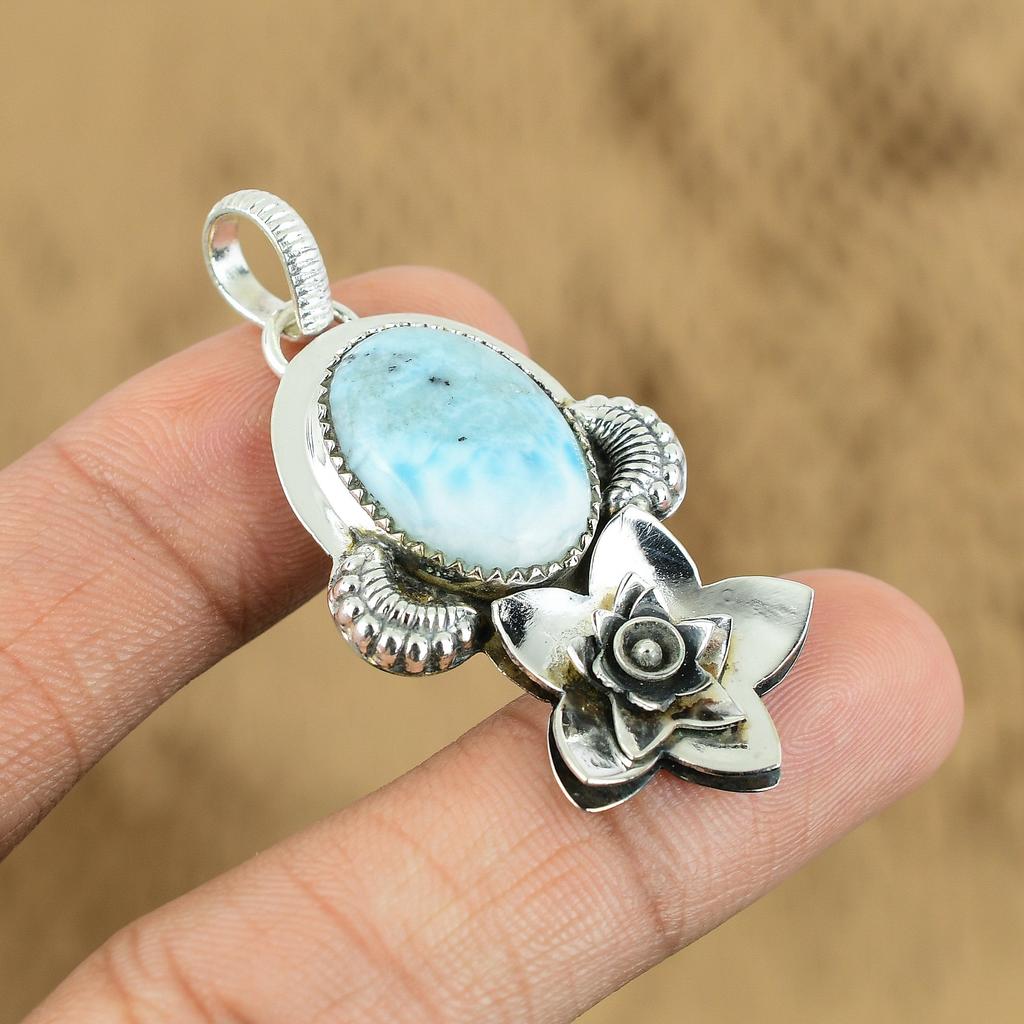 Womens day Deal Sterling Silver Larimar Stone Elegant Anniversary Flower Pendant