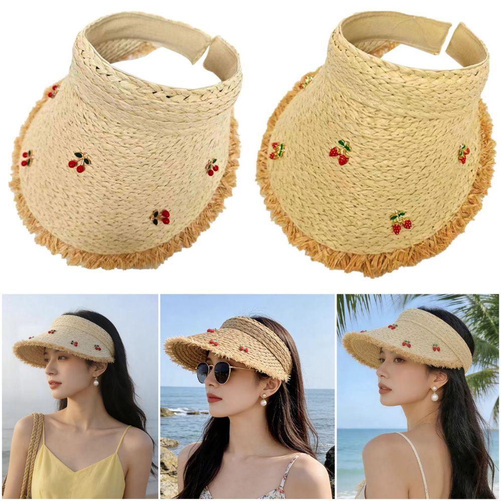 Dopamine Cherry Strawberry Sun Hat Beige Khaki Headband-style Open-crown Straw Hat Breathable Sunscreen Sunshade Cap Vacation