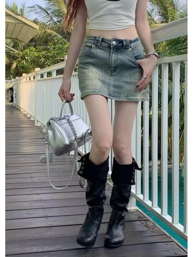 2025 Summer Women's High Waist Distressed Denim A-Line Skirt