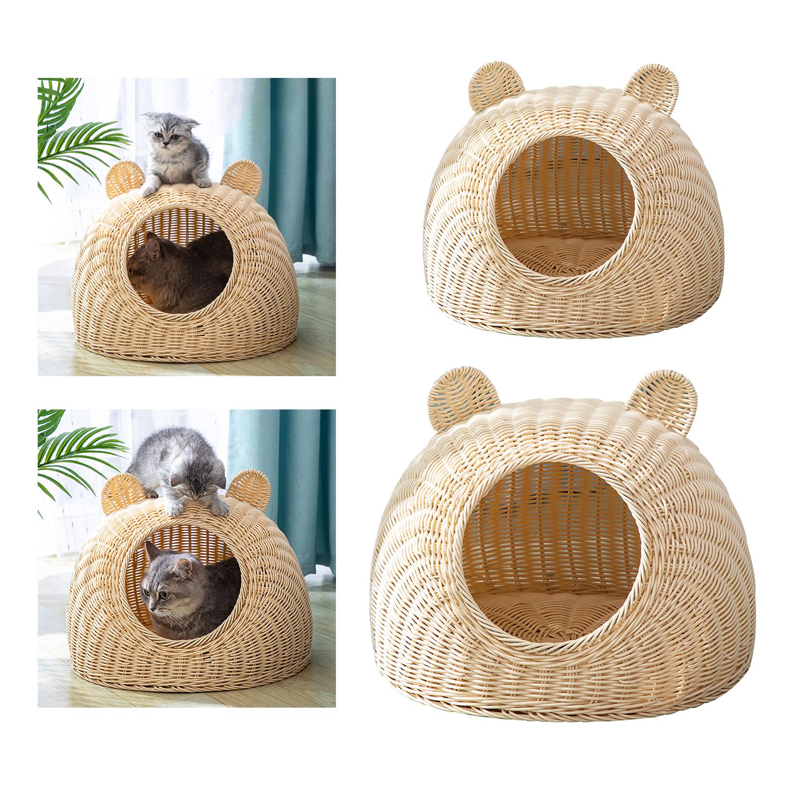 Solid Rattan Cat Bed Semi Enclosed Wicker Nest Cat Shape Washable Interactive Play House with Wicker Basket Toy for