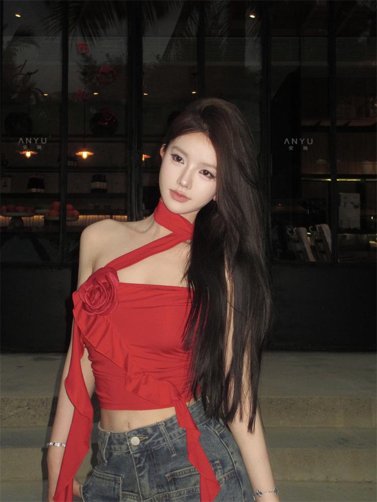 Women's Ruffled Red Halter Tank Top with Irregular Three-Dimensional Flower Design