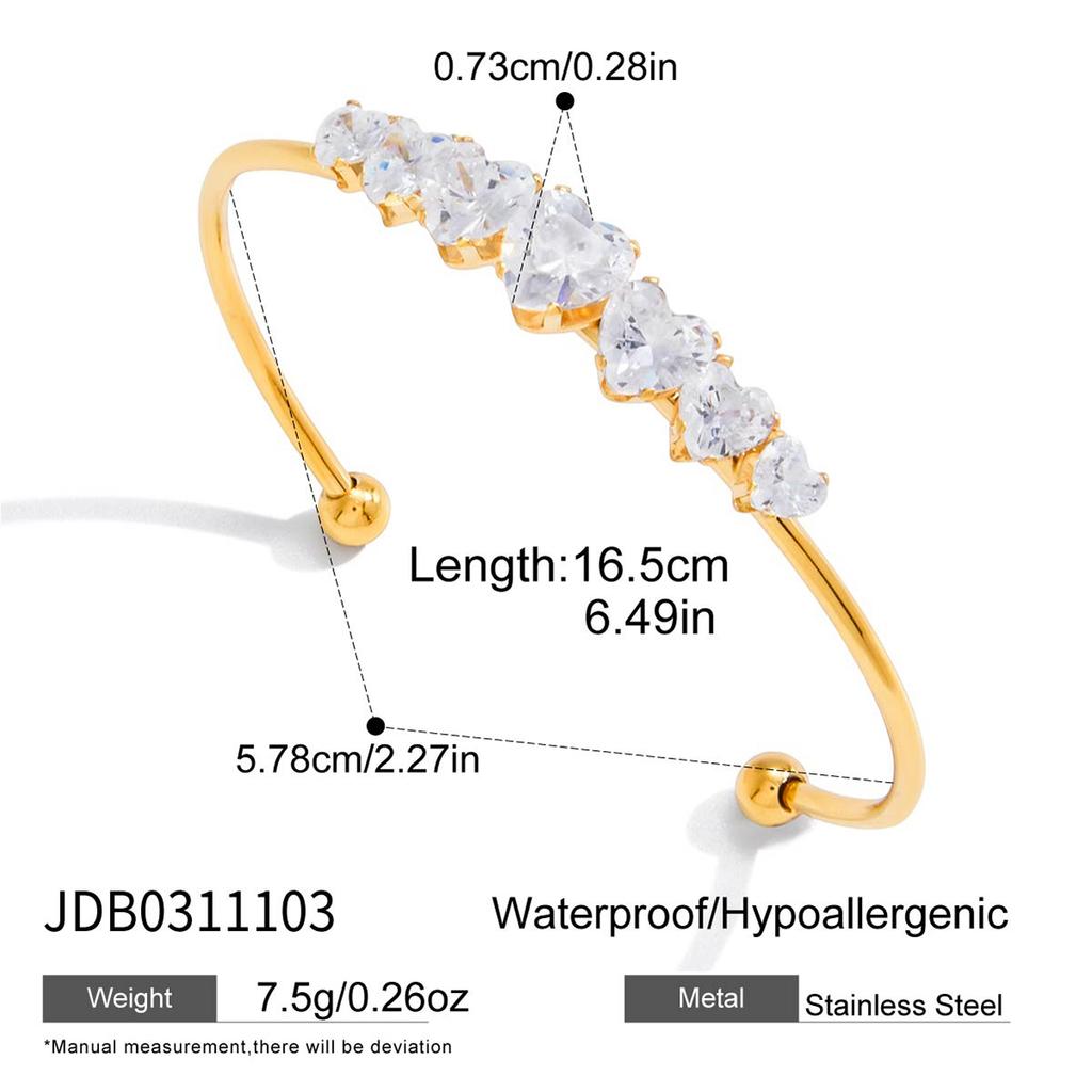 Youthway Round Heart Zircon Cuff Bracelet For Women Minimalist 18K Gold Plated Stainless Steel Open Bangle Fashion Jewelry Gift