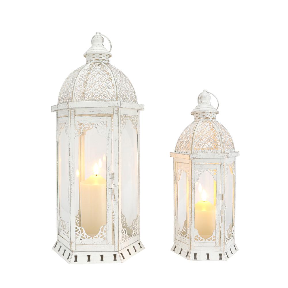 Set of 2 Vintage Hanging White Lantern Garden Metal Lantern for Wedding Decoration