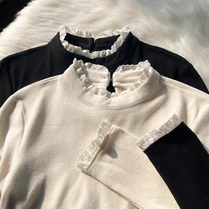Women's 2025 Fall/Winter High Neck Lace Trim Fleece T-shirt - Slim Fit Long Sleeve Base Layer