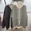 Unisex Retro Hooded Striped Color Block Knit Cardigan for Autumn/Winter Women's Top
