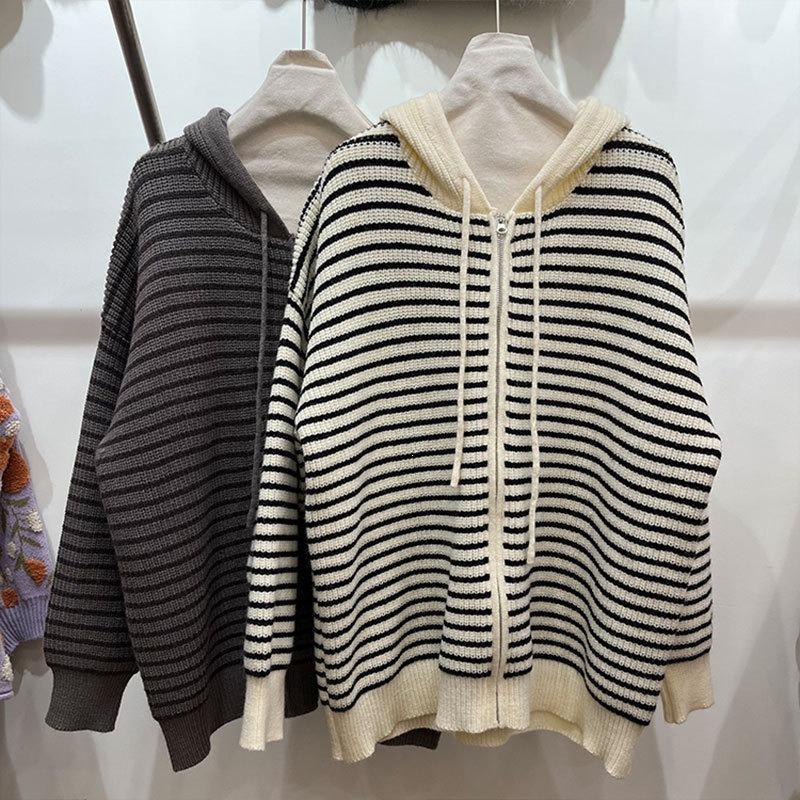 Unisex Retro Hooded Striped Color Block Knit Cardigan for Autumn/Winter Women's Top