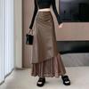 High Waist PU Leather Patchwork A Line Long Skirt Women Autumn Fashion  Pencil Skirt