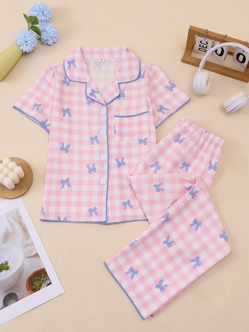 Plaid Butterfly Print Girls Pajama Set - Short Sleeve Top & Long Pants 120