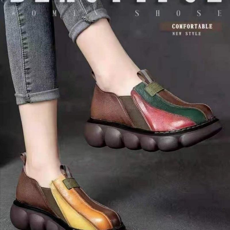 2024 Otoño Nueva Moda Estilo Étnico Retro Hecho a Mano Color Arcoíris Zapatos Casuales de Plataforma Gruesa para Mujer