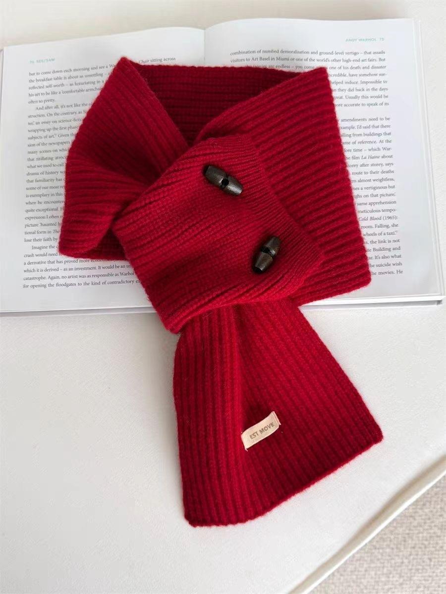 

Fashion Horn Buckle Scarf for Women Autumn Winter Warm Solid Color Knitted Scarf Korean Version Crossed Ladies Lazy Fake Collar One Size червоний