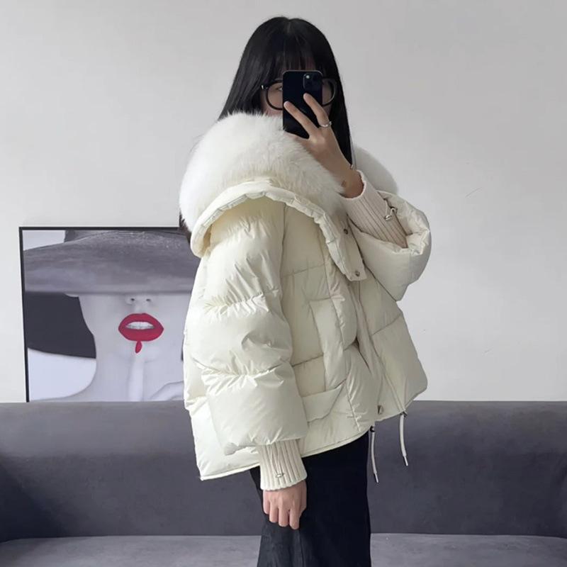 Winter new fox big fur collar down jacket women's short loose thickened white duck down fur jacket