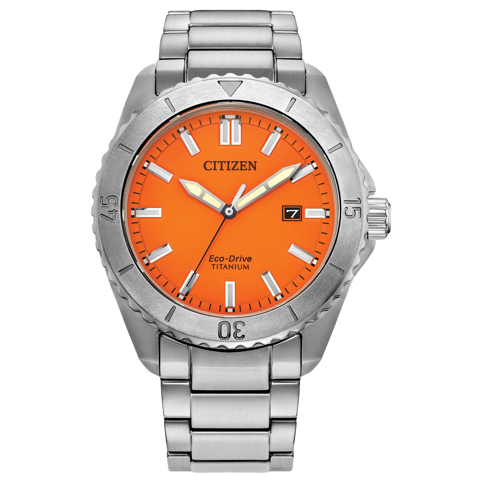 CITIZEN Super Titanium Collection 100m Water Resistant Light Powered Quartz Movement Super Titanium Strap AW1840-50X Orange Watch Dial