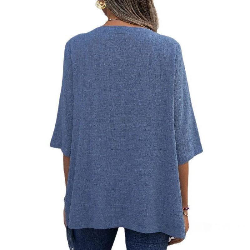 Women's Cotton and Linen Round Neck Irregular Shirt Five-point Sleeve Blouse