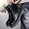 Men's Black Leather High-Top Motorcycle Boots with Side Zipper - British Style for Autumn/Winter