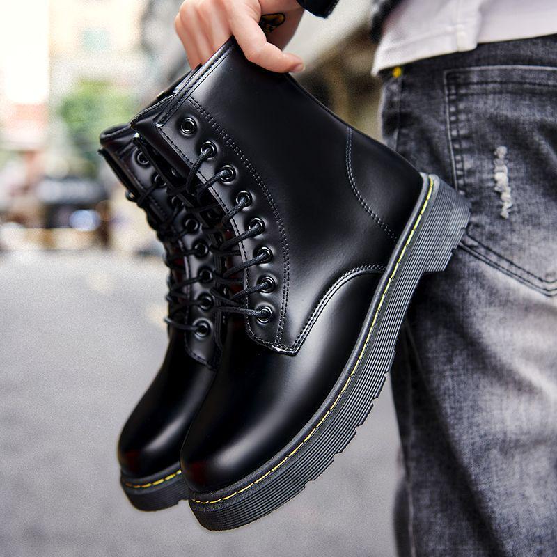 Men's Black Leather High-Top Motorcycle Boots with Side Zipper - British Style for Autumn/Winter