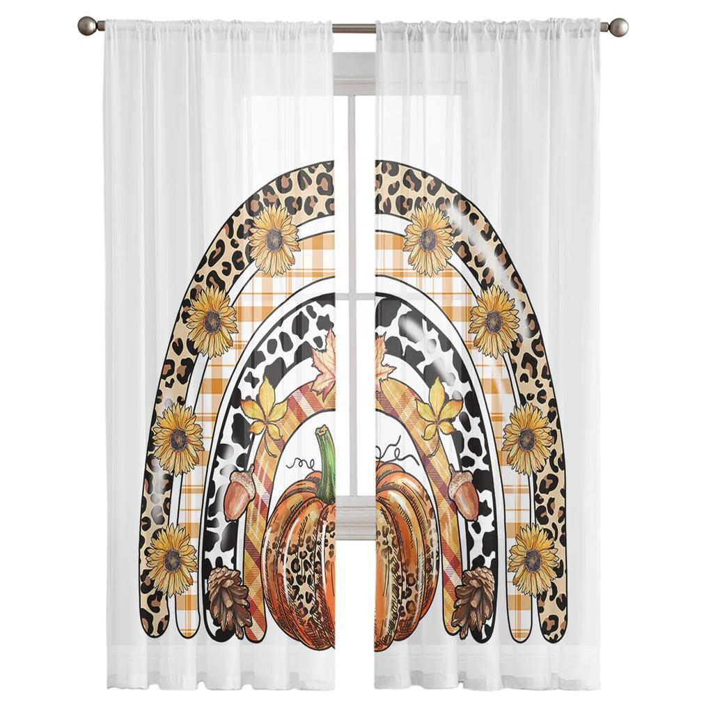 Thanksgiving Pumpkin Sunflower Leopard Skin Sheer Curtains Bedroom Living Room Voile Window Curtains Tulle Curtains for Kid Room