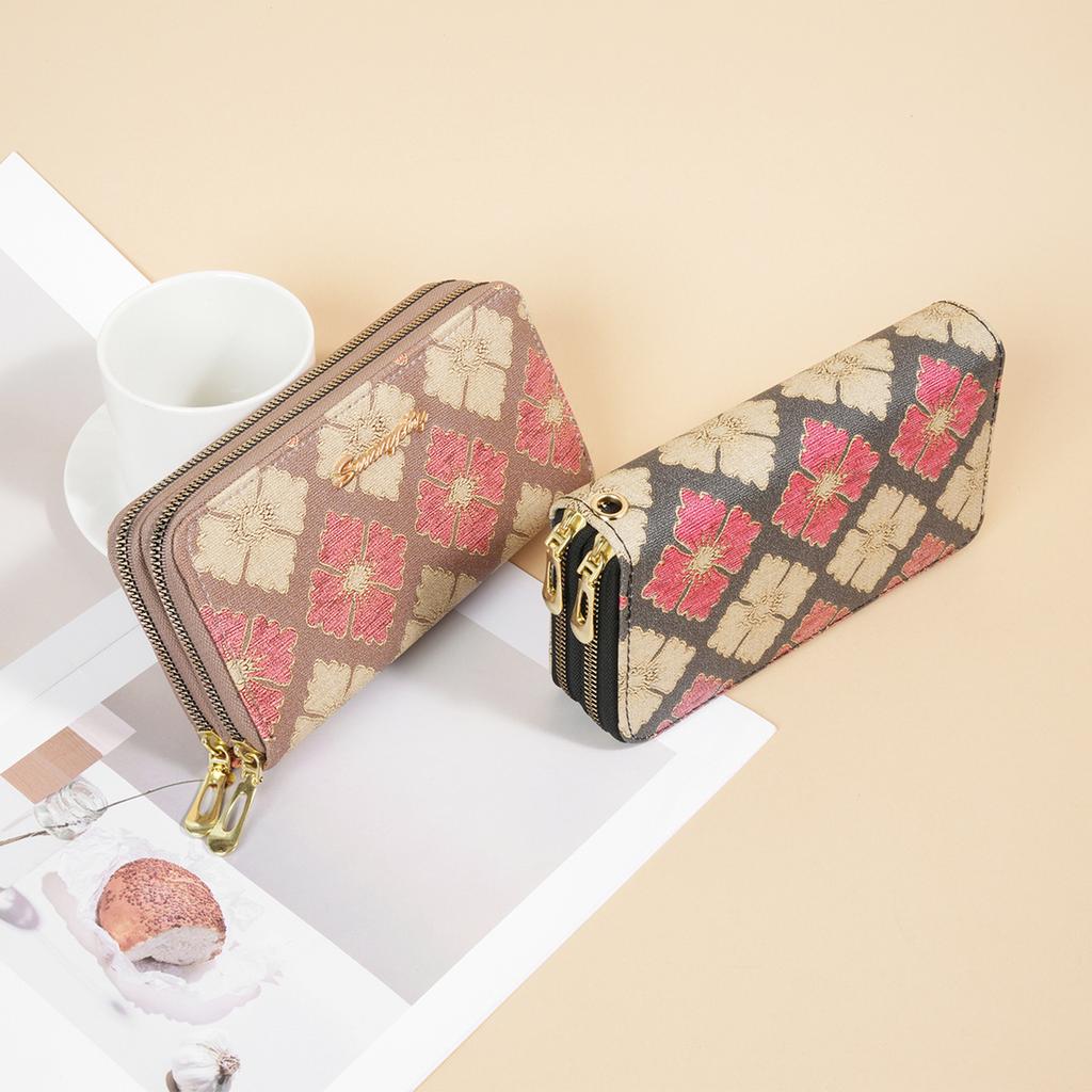 Women Soft PU Printed Long Wallet Double Zipper Large Capacity Wristlet Clutch Bag Card Coin Phone Purse