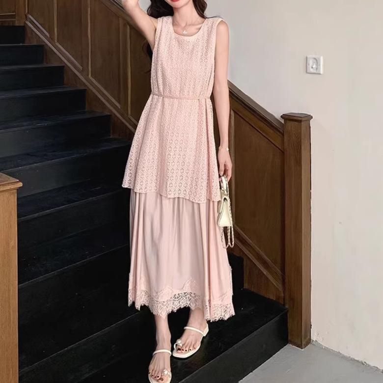 2026 Summer Flattering Lace Patchwork Vest Dress for Curvy Figures - French Style