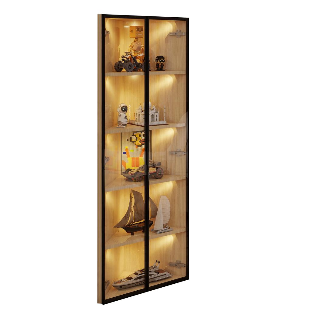 LED glass cabinet 62x35x160cm – oak exterior, light strip, dust-proof, tempered glass, corner cabinet with door – bookshelf, wine cabinet